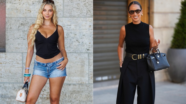 Side by side of two women wearing designer bags