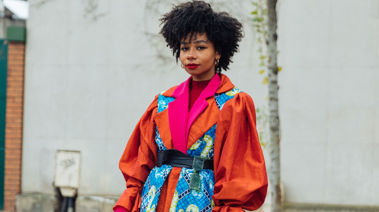 multi-colored puffy-sleeved blazer