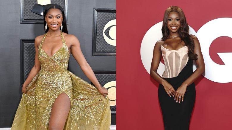 Coco Jones smiles while walking the red carpet in a gold gown and a fitted dress