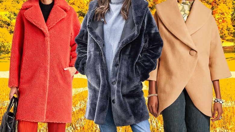 Three women wearing cocoon coats