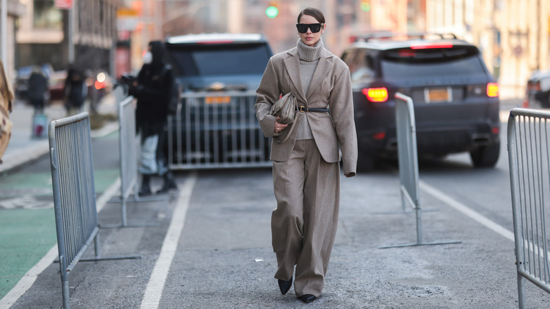 beige turtleneck winter work suit