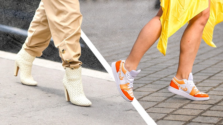 Women wearing white heels and orange sneakers