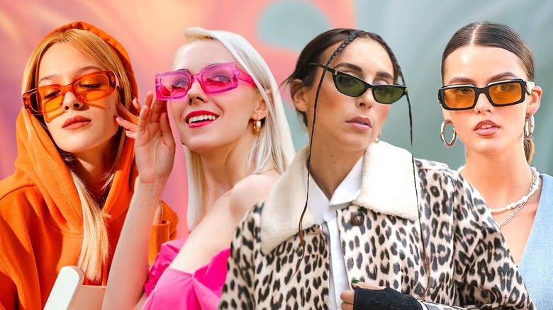 Four women wearing colorful sunglasses