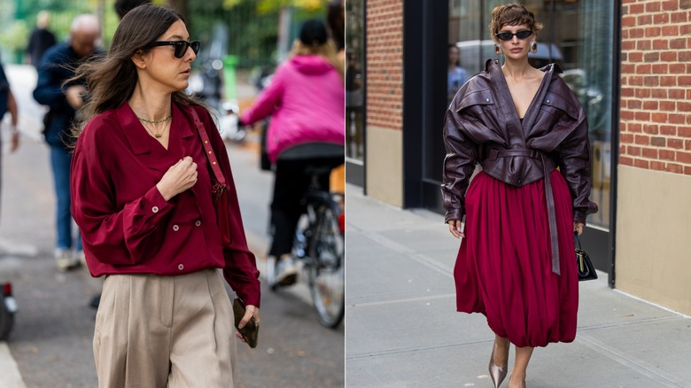 A guest wears a burgundy red blouse and tan slacks in Milan, Italy in September 2026 / Irina Kro Eicke wears a plum leather jacket and a burgundy red midi skirt in New York City in September 2026