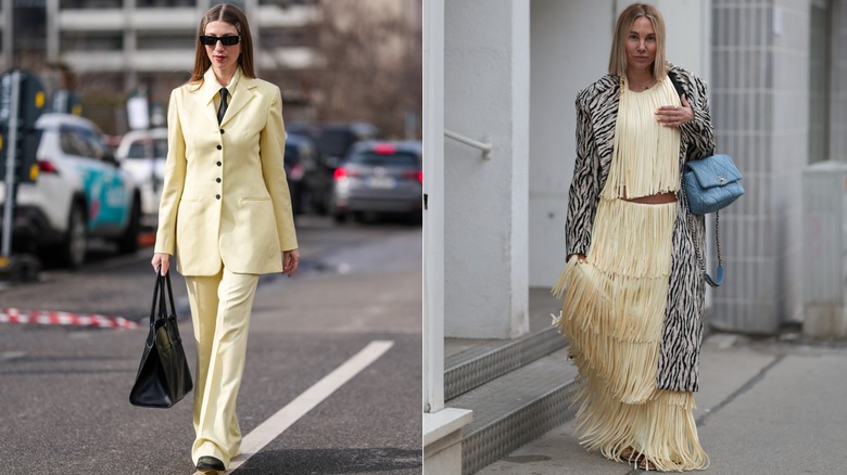 A guest wears an anise yellow suit during Milan Fashion Week in February 2025 / Karin Teigl wears an anise yellow fringe top and matching maxi skirt, and zebra-print coat in Vienna, Austria in March 2026