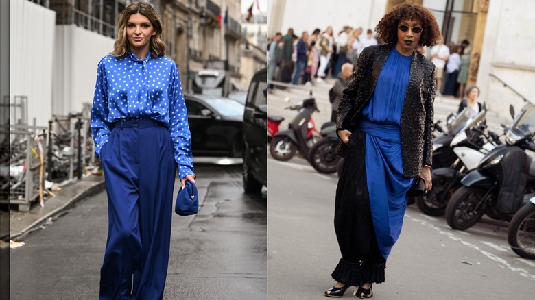 Alisa Volskaya wearing a blue and white blouse and princess blue slacks during Paris Fashion Week in September 2026 / Karen Blanchard in a black and cobalt blue maxi dress and black textured jacket during Paris Fashion Week in October 2026