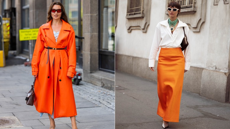 Nora Jabri wears an orange belted trenchcoat during Oslo Runway Fashion Week in September 2026 / Irina Kro Eicke wears a white button-up shirt and bright orange maxi skirt during Milan Fashion Week in September 2026