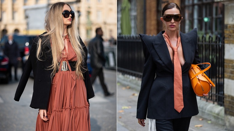Romee Strijd wears a belted coral maxi dress and black jacket during Paris Fashion Week in February 2023 / A guest wears a oversized black blazer and coral tie in London in September 2026