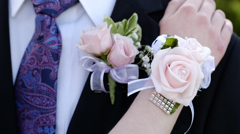 Couple on date wearing corsage