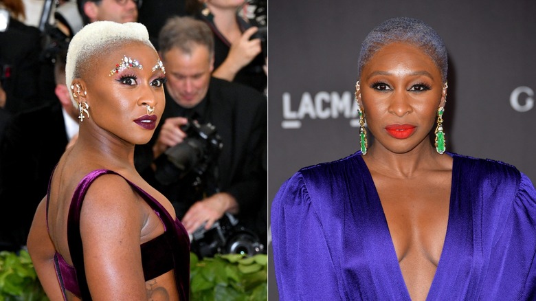 Cynthia Erivo with bejeweled brows at the Met Gala, and then with short purple hair