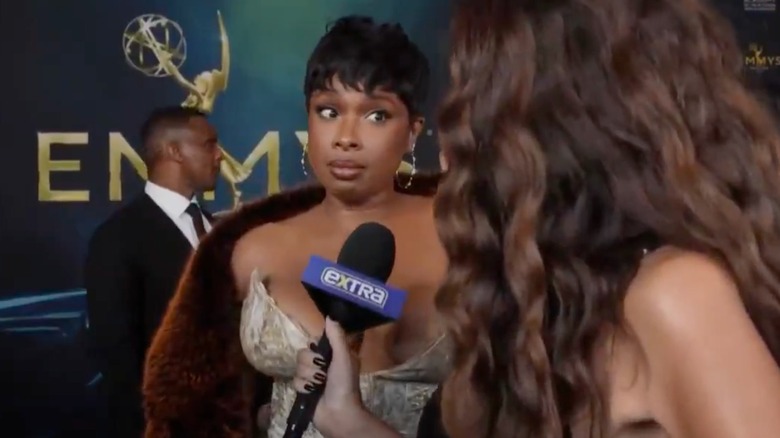 Jennifer Hudson wearing a brown fur over a beautiful gown at the 2026 Daytime Emmys
