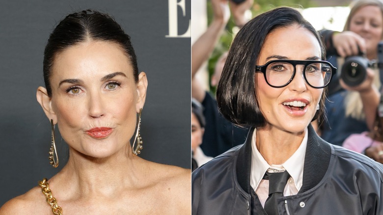 Demi Moore attends the 27th annual ELLE Women in Hollywood celebration in Los Angeles in October 2021 / Demi Moore at the Thom Browne spring/summer show during New York Fashion Week in September 2026