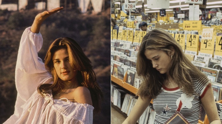 Demi Moore poses in front of the Hollywood sign for a photo story on typical LA teenagers in Los Angeles in 1977 / Demi Moore poses in a record store for a photo story on typical LA teenagers in Los Angeles in 1977