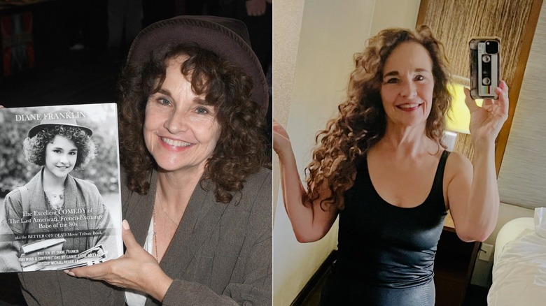 Diane Franklin holding up a photo of herself and wearing a hat on the left and taking a mirror selfie in a black tank top with long curly hair on the right.