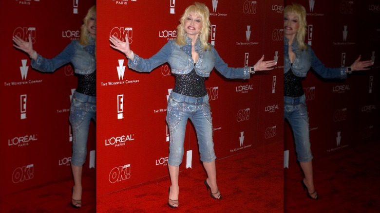 Dolly Parton arrives at a pre-Oscars party wearing denim on denim