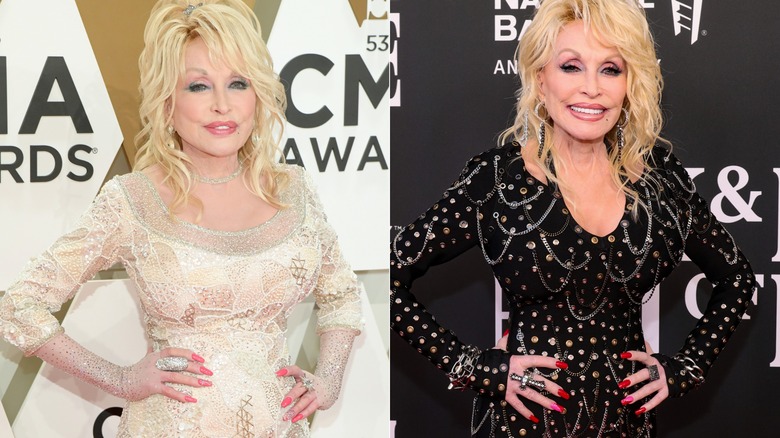 Side by side: Dolly Parton with wavy hair and long nails