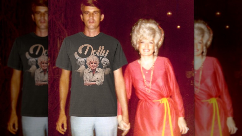 Carl Dean standing side by side with Dolly Parton in a vintage photo.
