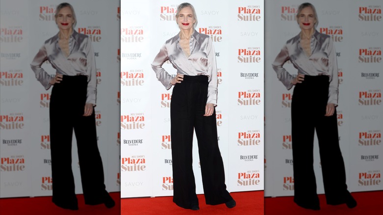 Elizabeth McGovern pictured wearing a silver blouse and black pants in 2024