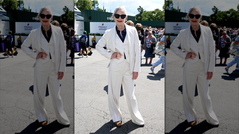Elizabeth McGovern pictured in 2023 wearing a white suit and sunglasses