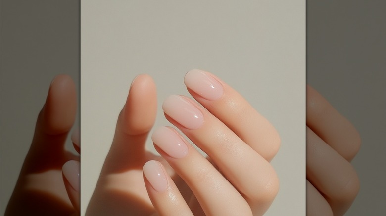 A woman's hand with a coconut milk manicure.