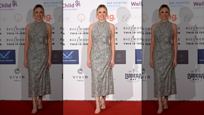 Joanne Froggatt wears a sparkly halter dress to a 2021 fashion event fundraiser