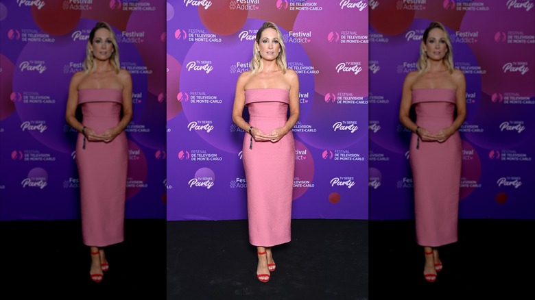 Joanne Froggatt wears a pink off-the-shoulder dress in Monaco in 2022