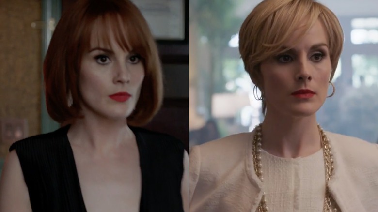 Michelle Dockery as Letty Raines in Good Behavior wearing a red bob, sunglasses, and black V-neck shirt.