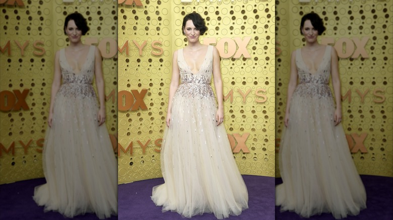 Phoebe Waller-Bridge wears a beige sequined dress to the 2019 Emmy Awards