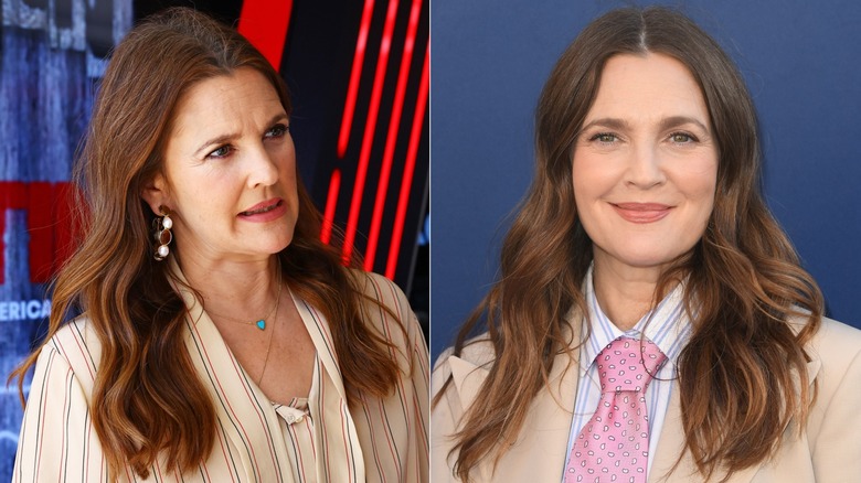 Drew Barrymore with mid-length auburn waves on the left and wearing a suit with wavy hair at an event on the right.