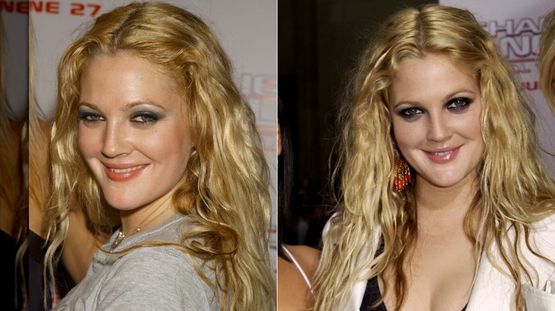 Drew Barrymore at an event with blue eyeshadow and wavy blond hair on the left and with a dark smoky eye and beachy blond waves on the right.