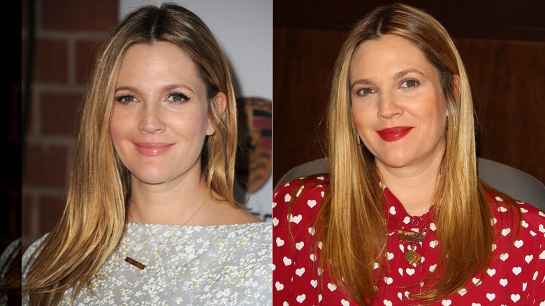 Drew Barrymore in a gray top with smooth hair on the left and in a red top with white hearts and straight, strawberry-blond hair on the right.