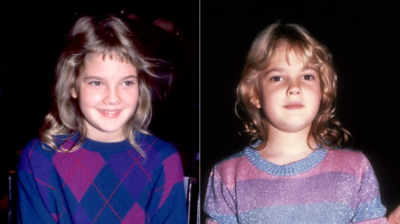 Drew Barrymore at an event wearing a plaid sweater 1980 on the left and in New York City in 1983 wearing a sparkly sweater on the right.