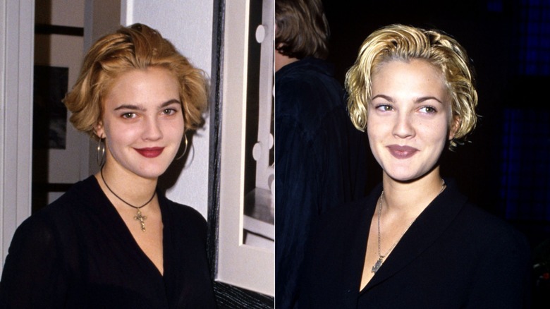 Drew Barrymore with short blond hair wearing black and a crucifix necklace in 1991 on the right and in 1992 with mauve lipstick and a black top on the right.