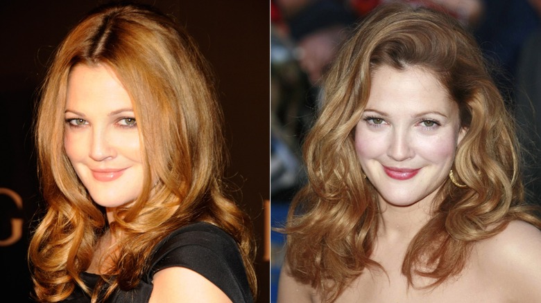 Drew Barrymore with a soft auburn blowout on the left and with a bouncier curled style on the right.
