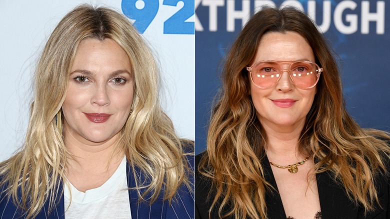 Drew Barrymore with shaggy light-blond hair at an event on the left and wearing rose-colored sunglasses with a wavy hairstyle on the right.