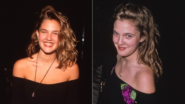 Drew Barrymore wearing a black off-the-shoulder top in 1989 on the left and at an event in 1989 wearing a black top with purple flowers on the right.