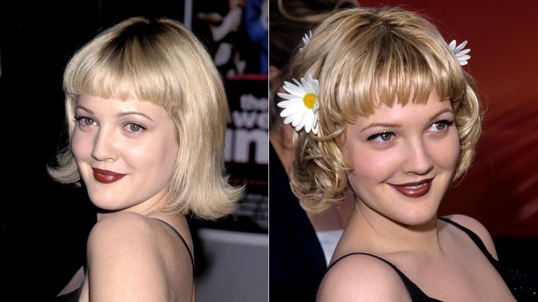 Drew Barrymore with a flipped-out blond bob with baby bangs on the left, and with a shaggier looking bob with bangs and daisy accents on the right.