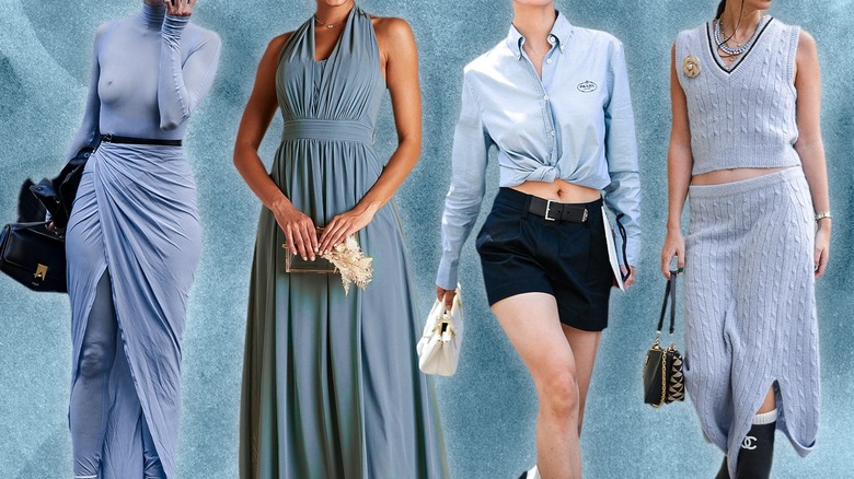 Composite of women dusty blue outfits