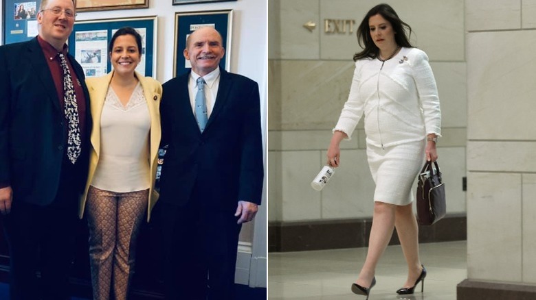 Elise Stefanik poses in 2019 and walks in the Capitol in 2021