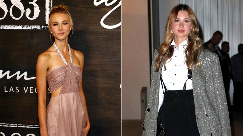 Side-by-side of Isabel May wearing an airy pink gown and tailored separates.