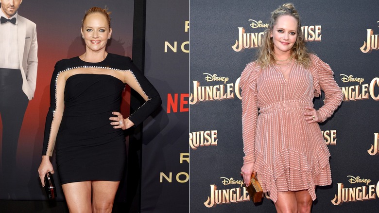 Side-by-side photos of Marley Shelton wearing a black dress with transparent cut outs on the sleeves on the left and in a pink dress on the right.