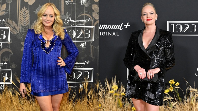 Side-by-side photos of Marley Shelton in a sparkly blue dress with her hair in waves on the left, and in a sparkly black minidress with red lips on the right.