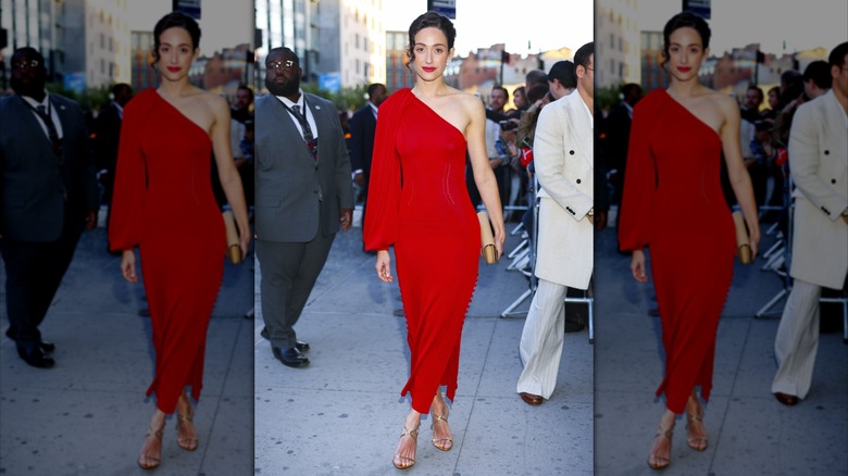 Emmy Rossum wears a red off-the-shoulder dress