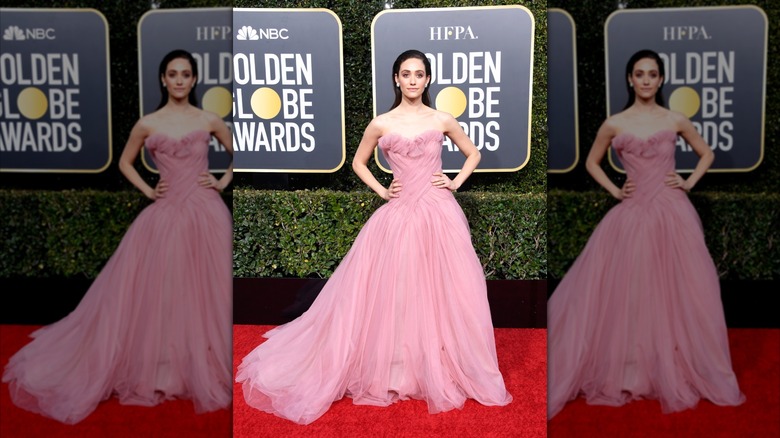 Emmy Rossum wears a pink Monique Lhuillie gown