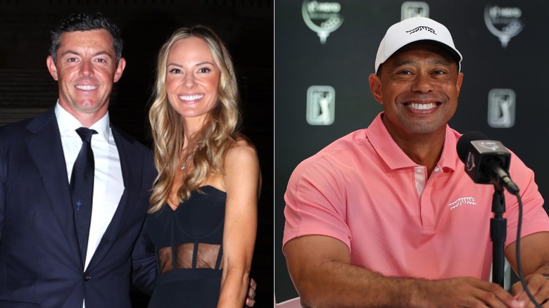 Rory McIlroy and Erica Stoll walk a red carpet together; Tiger Woods smiles during a press conference
