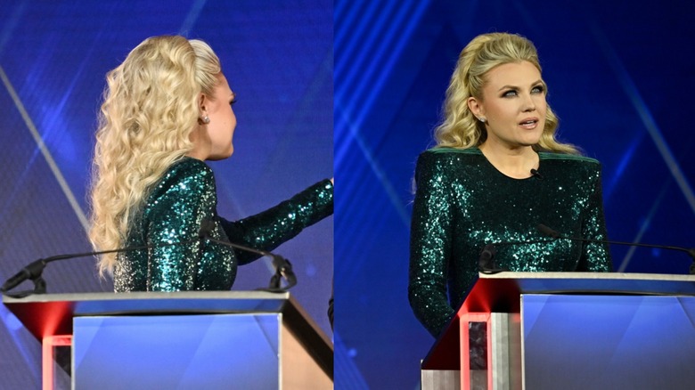 Erika Kirk gives a speech at a podium