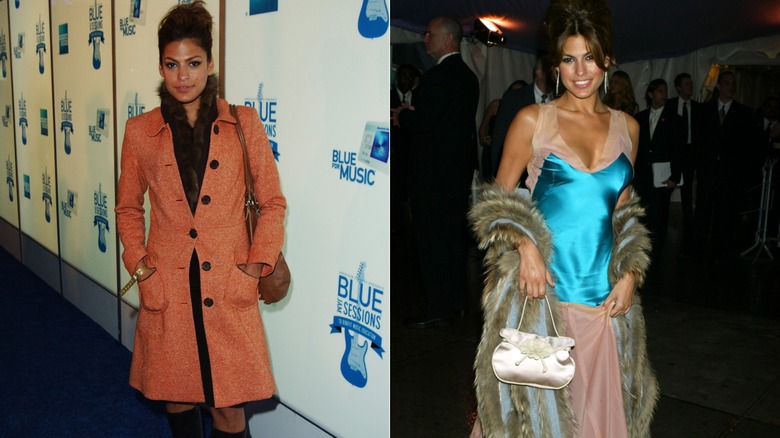 Eva Mendes in an orange coat and black top with a fur trim in 2003 on the left and in 2004 wearing a silky blue top with a fur wrap on the right.
