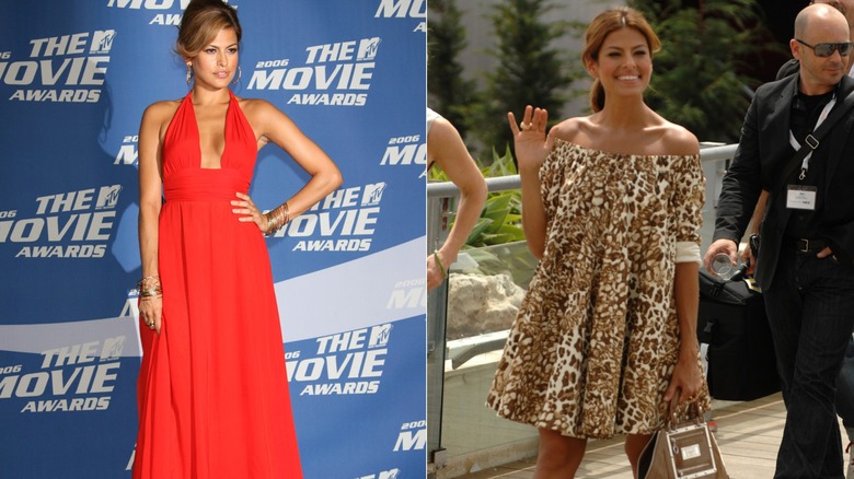 Eva Mendes posing on the red carpet in a red gown in 2006 on the left and wearing an off-the-shoulder animal-print dress in 2007 on the right.