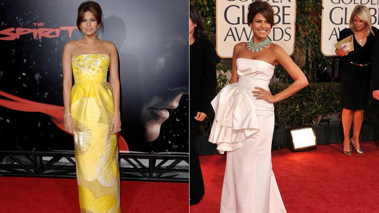 Eva Mendes wearing a strapless yellow dress on the red carpet in 2008 on the left and at the Golden Globes wearing a strapless white gown in 2009 on the right.