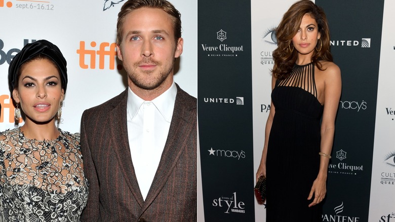 Eva Mendes wearing a floral-print top next to Ryan Gosling in 2012 on the left and at an event wearing a black dress with a strappy halter top in 2013 on the right.
